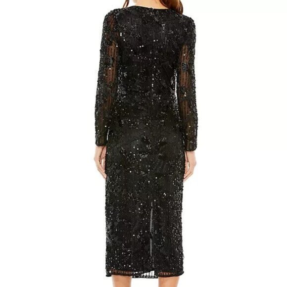 Mac Duggal Black Sequin Beaded Long Sleeve Cocktail Midi Dress - Picture 2 of 3